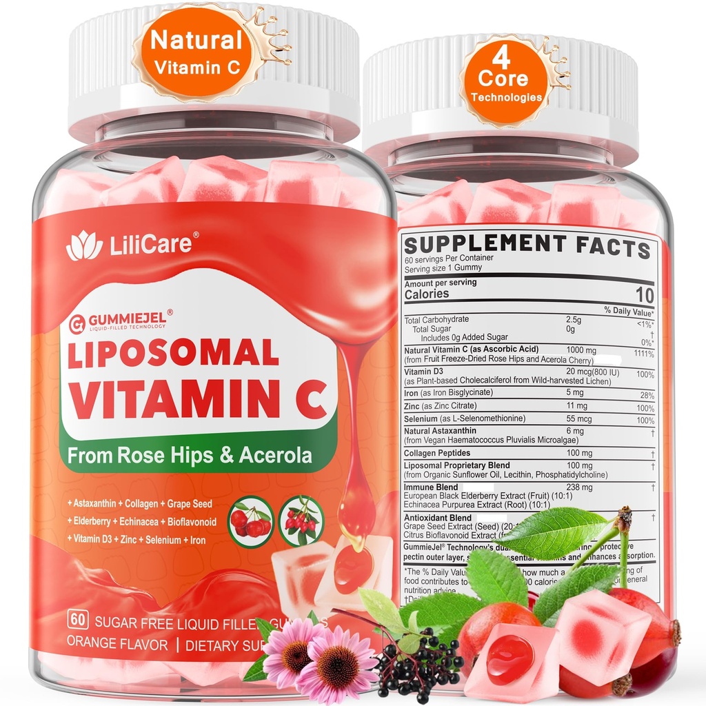 Naturlig Liposomal Vitamin C 1000 mg Gummier for voksne og barn 9+, Chewable Vitamin C w / 11mg Sink, D3, Elderberry, Echinacea, , Bioflavonoid, Immunstøtte, Hele maten VIT C fra frukter, Sukkerfri