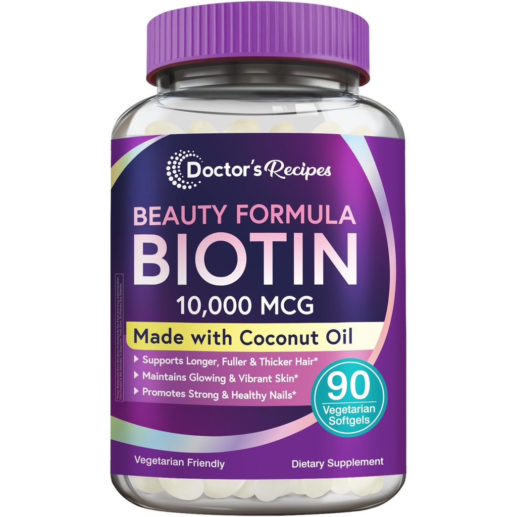 Legens oppskrifter Biotin 10.000 mikrog, hårvekst, sunn hud og negler, energimetabolisme, vegetarisk-vennlig biotin, med kokosolje, ikke-GMO, 3 måneders forsyning, 90 vegetariske softgels