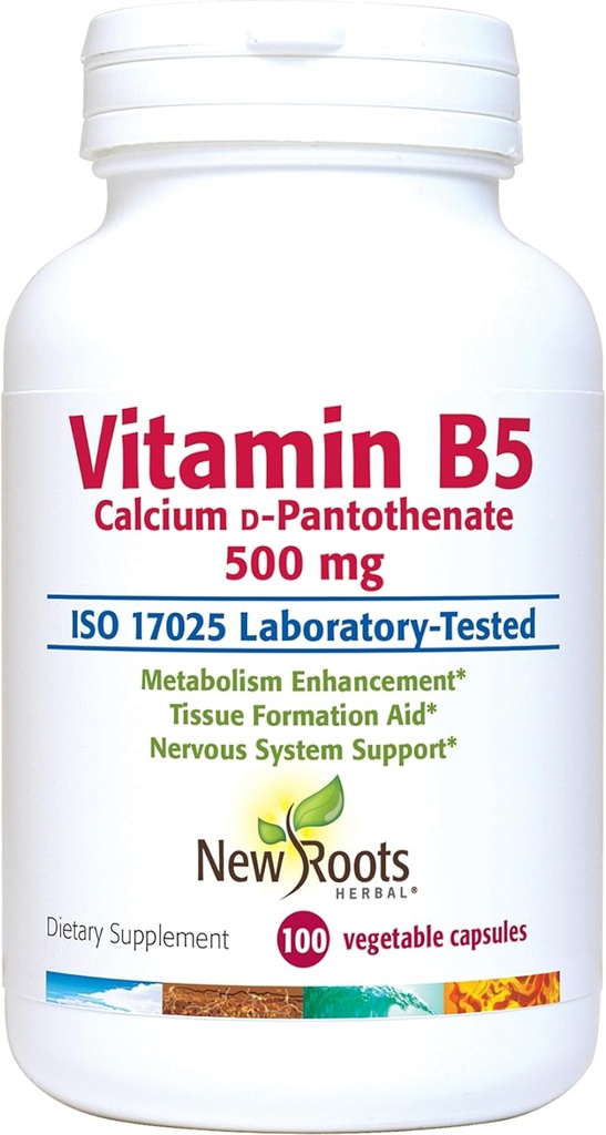 NYE ROOTS HERBAL vitamin B5 (500mg) med kalsium B5 vitamin Pantotensyre Supplement (100 kapsler)