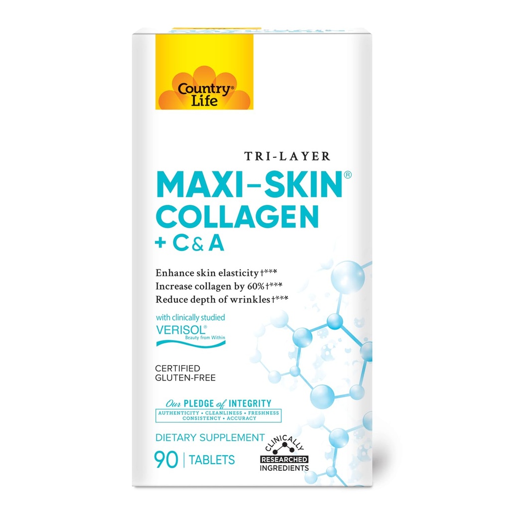 Country Life Verisol Collage Peptider Tabletter - Reduser dybden av W[KB2] Rinkles & Auke huden elastisitet-90 Tabletter - Inkluderer vitamin A&C - kollagen pulver for kvinner og menn - Øk hud kollagen med 60%