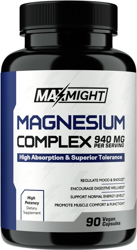Magnesiumkompleks, 210 mg Elementalt Magnesium, Glycinat, Citrat & Malat, Ikke-GMO, Max absorpsjon, Muskel, Mood, Energi, 90 Vegan Kapsler