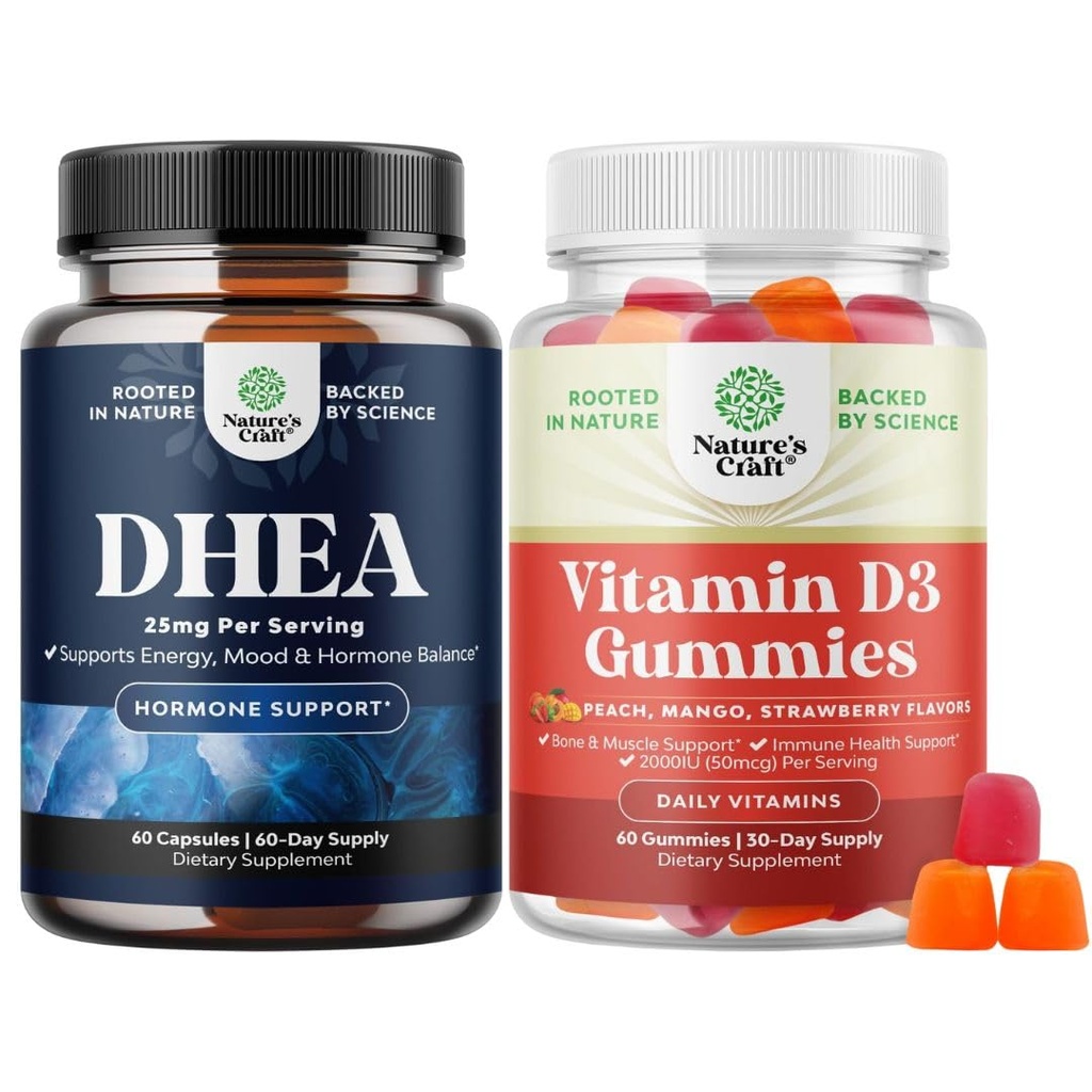 Bundle av DHEA Supplement for hormonbalanse, Mood stabilitet, hjernefunksjon - Dehydroepiandrosteron og vitamin D3 Gummies for daglig velvære med 2000IU per servering beinmuskel og immunstøtte