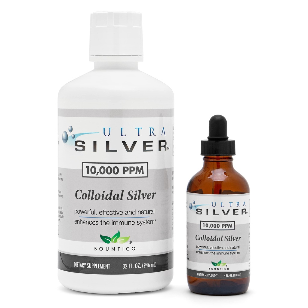 Ultra Silver® Colloidal Silver | 10.000 PPM, 32 Oz (946ml) | Mineral Supplement | True Colloidal Silver - 4 oz Dropperflaske (Tom) Inkludert for dispensering!