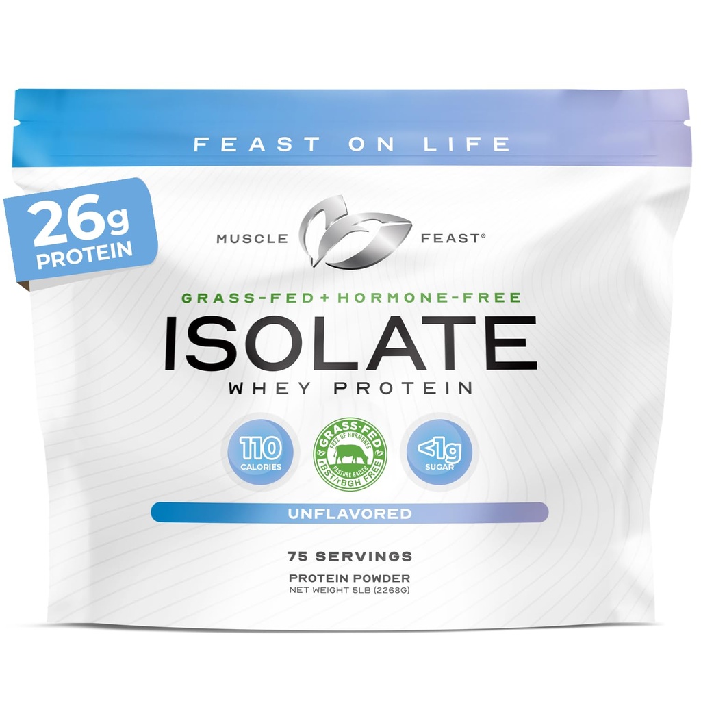 Muskelfest Grass-Fed Whey Protein Isolate, Alt naturlig hormonfri pastur hevet, Whey Isolate Protein pulver for menn og kvinner, ren, ikke-GMO & Glutenfri, Isolate Protein - Uslavored, 5lb