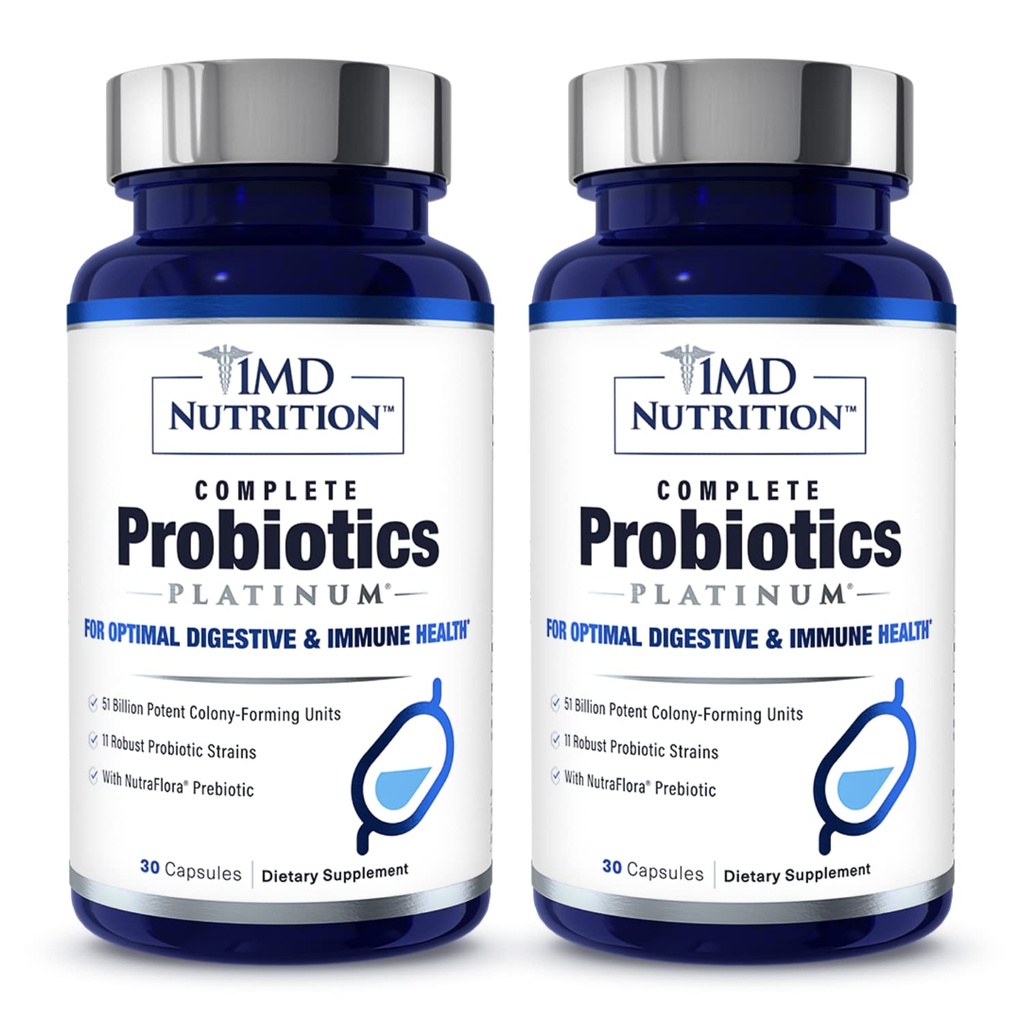 1MD Complete Probiotika Platinum | Støtter Digestiv Helse | med Nourishing Prebiotika, 51 milliarder Live CFU, 11 Strains, Dairy-Free | 30 Grønnsaker Kapsler (2-Pack)