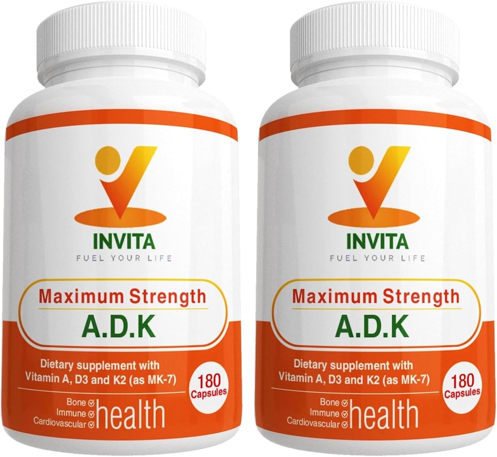 INVITA ADK - Vitaminer A1, vitamin D3 5000 IU & K2 MK7 Supplement - Legeformulert bein & immunsystem støtte - Glutenfri, ikke-GMO - 180 vegetariske kapsler for menn og kvinner