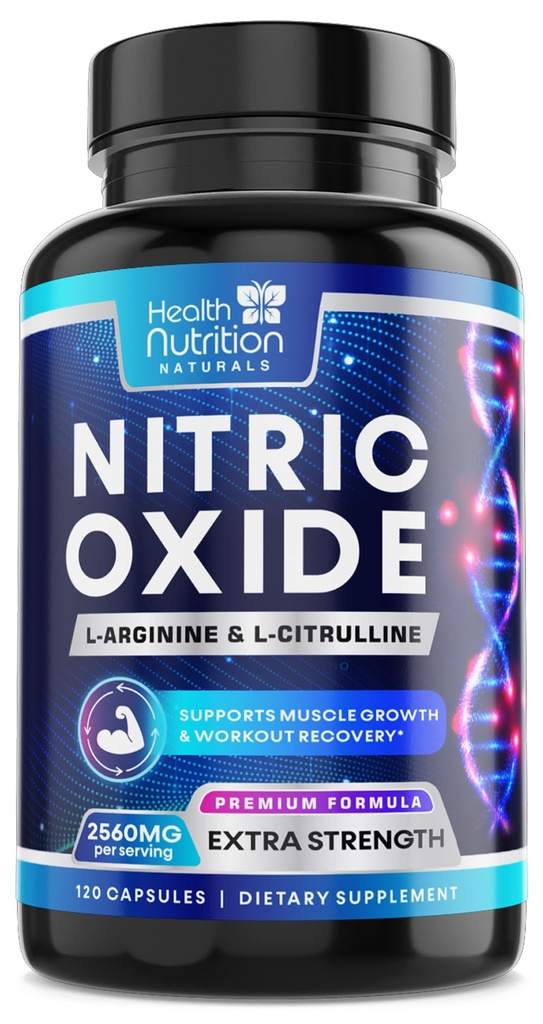 Nitric Oxid Booster 2560mg - Ekstra styrke L Arginine & Citrulline Supplement for menn og kvinner - Premium Muskel støtte Nitric Booster - Naturlig energi og hjerte helse støtte - 120 kapsler