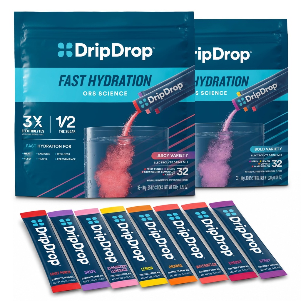 DripDrop Hydration - Electrolyte pulverpakker - Watermelon, Berry, sitron, oransje, fruktpunch, korn, jordbær sitronade, Cherry - 64 greve