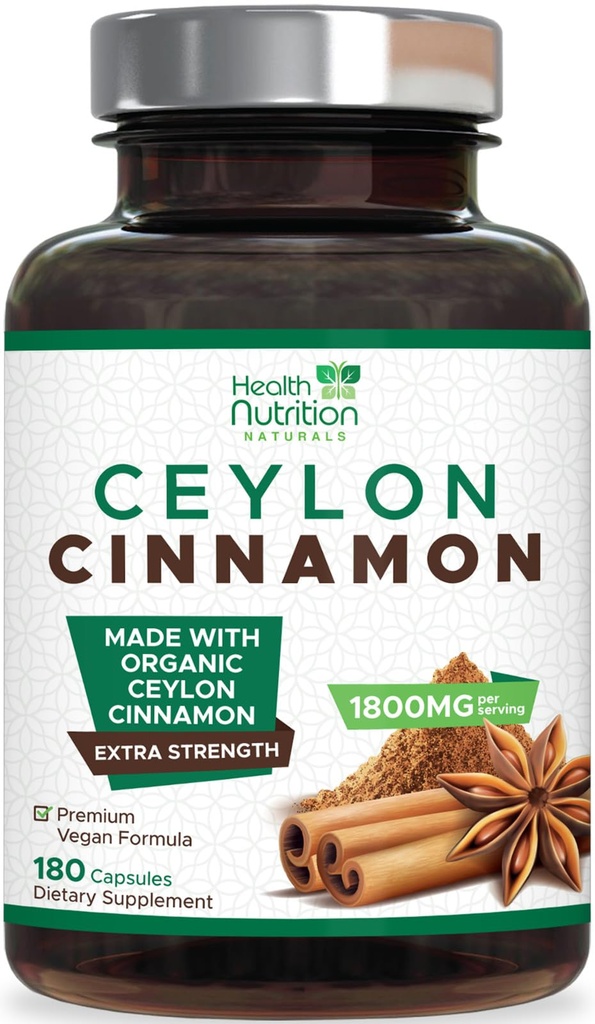 Ceylon Cinnamon Capsules 1800 mg - Certified Organic Ceylon Cinnamon pulver Supplement, flaske i USA, ekstra styrke energi og hjerte støtte piller, ikke-GMO og glutenfri, sukkerfri - 180 kapsler