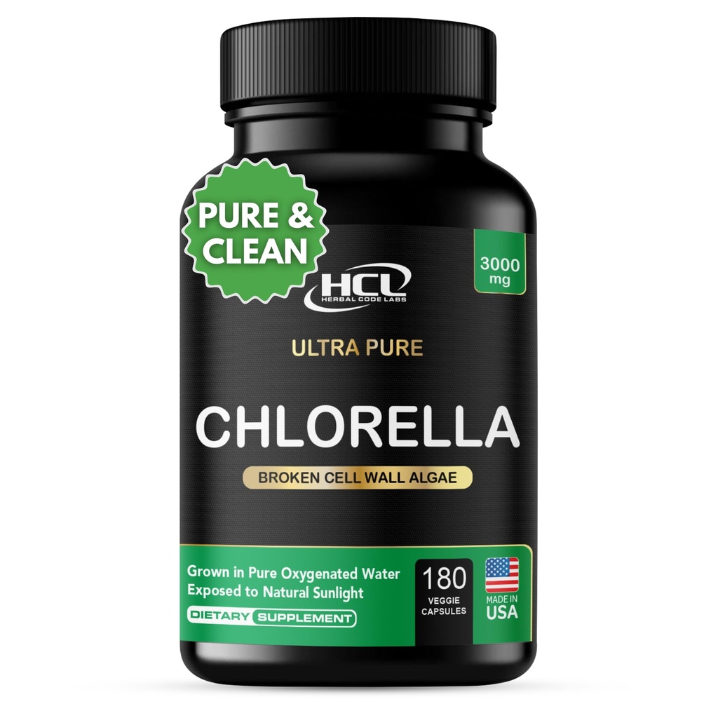 Klorella Capsules 3000 mg - Cracked Cell Wall Blå Grønn Algae Supplement - Best Naturlig Detox Cleanse - Plant Vitaminer Mineraler Klorophyll Vegan Protein Piller - laget i USA