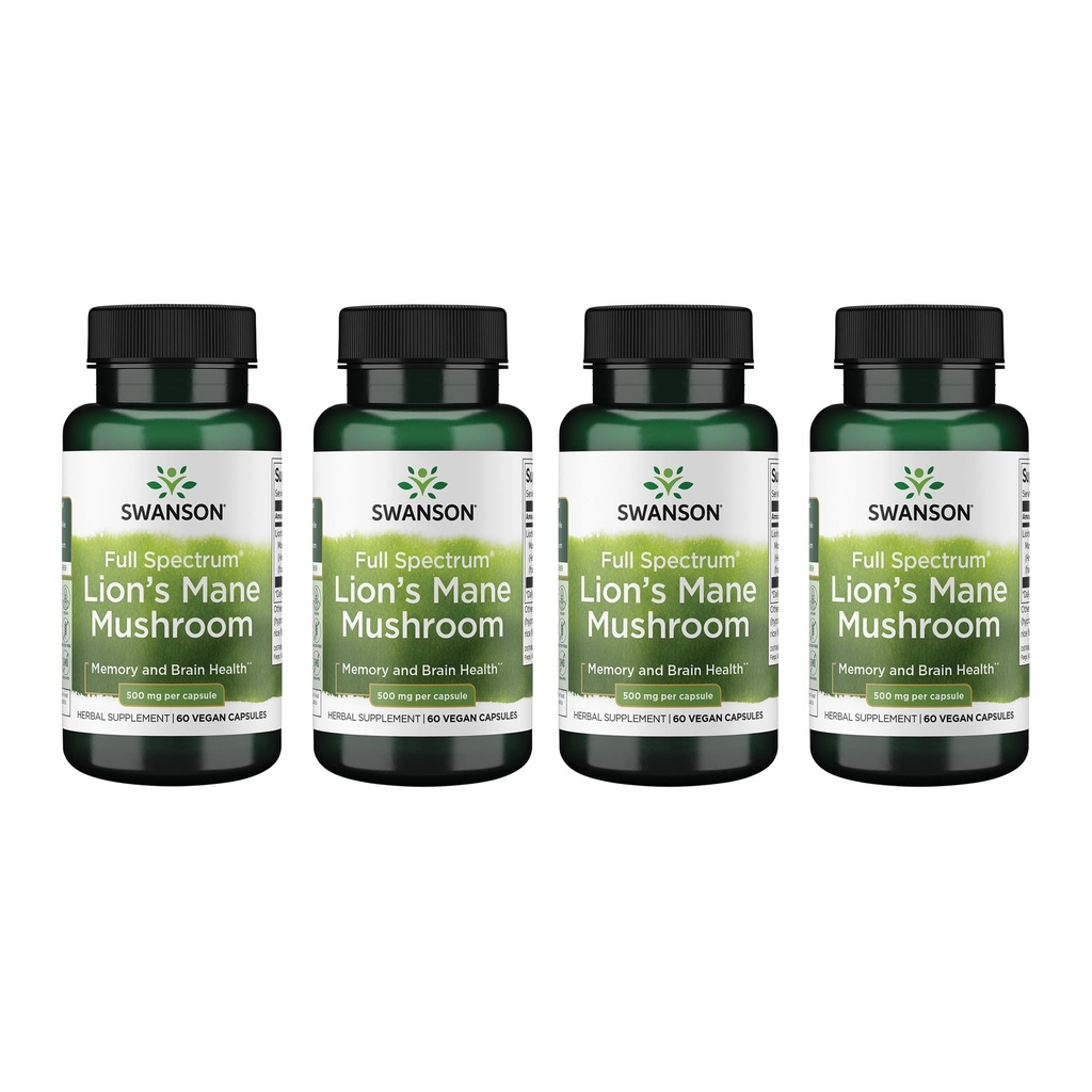 Swanson Full Spectrum Lion's Mane Mushroom - Brain Health Supplement til støtte minne, fokus og klarhet * - kan også hjelpe immun, hjerte og digestiv helse - Glutenfri og ikke-GMO - 60 kapsler (4 pakke)