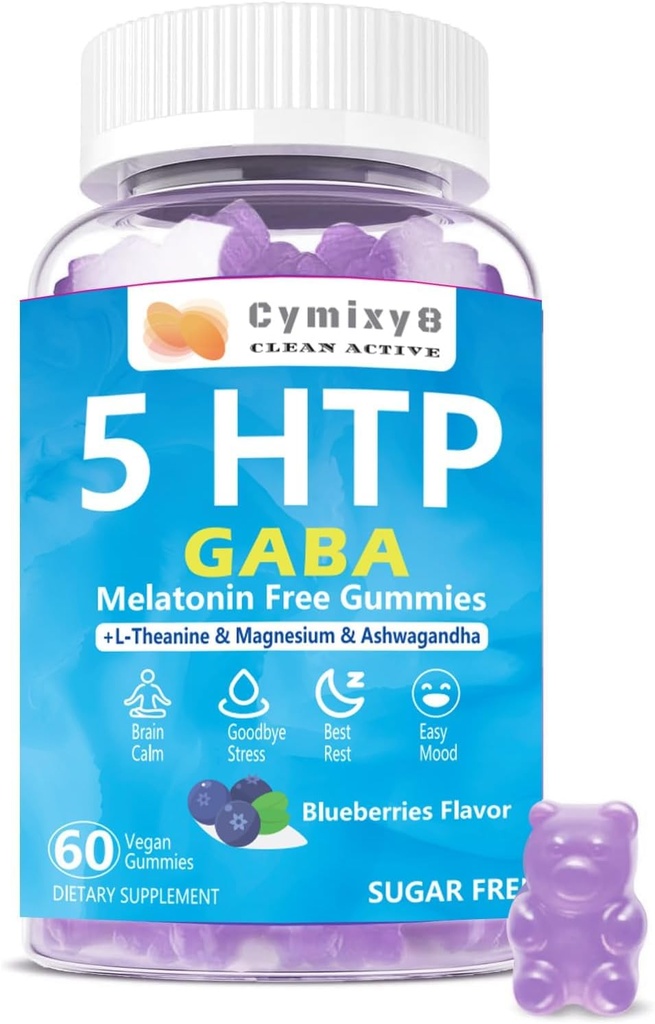 5-HTP GABA Gummies Blande 1700mg, Sukker-fri ro Gummies med L Theanine, Magnesium, Ashwagandha, Omega-3-6-9, Vitamin D3,B6 for naturlige zzzs, Mood, Brain-Calm, Blåbær Flavor 60Count