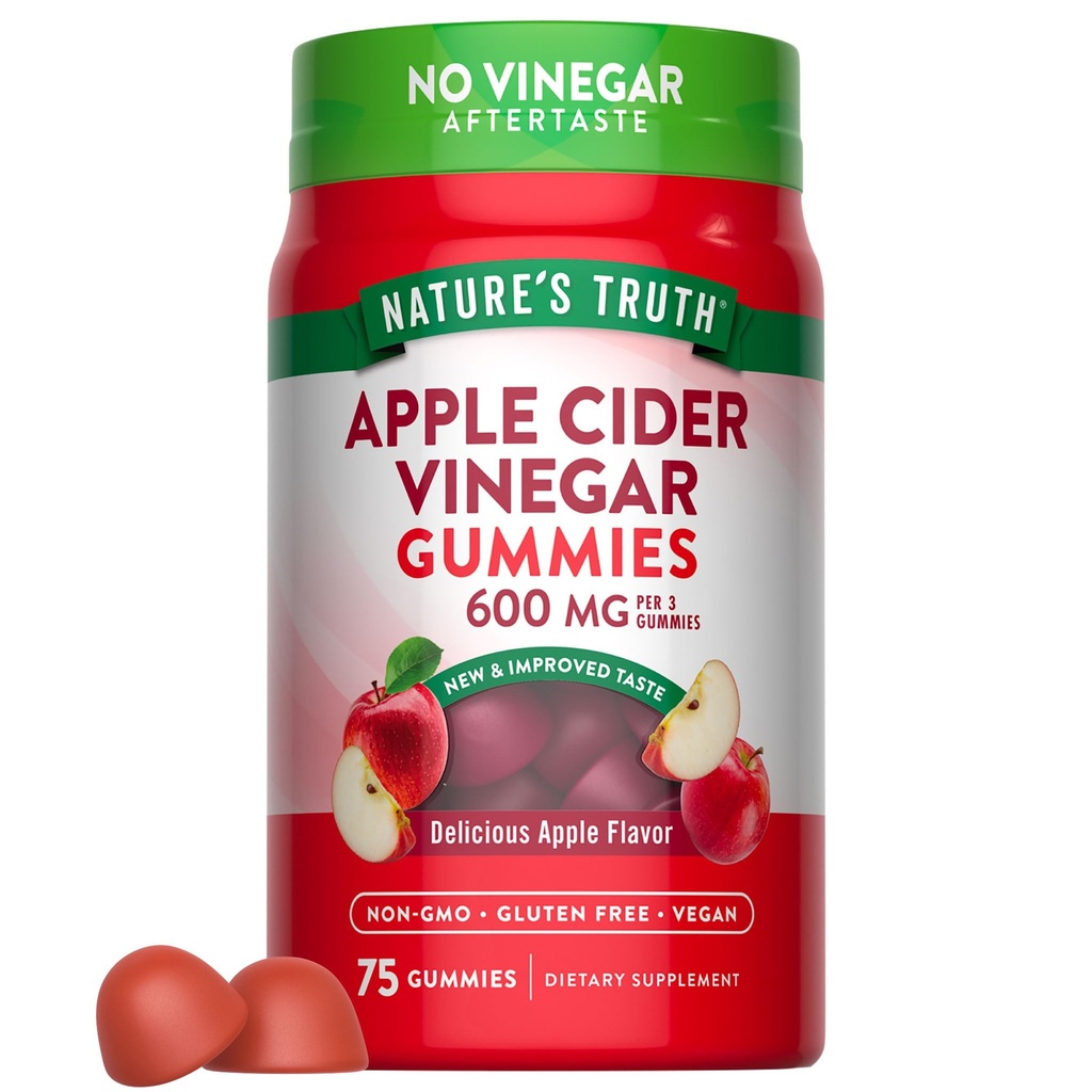 Naturens sannhet Apple Cider Vinegar Gummies | 600 mg | 75 Gummies | Apple Flavor | Vegansk, ikke-GMO, Glutenfri Supplement