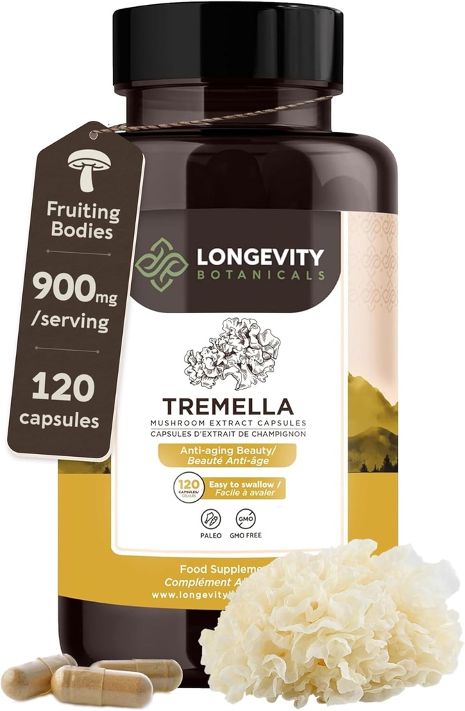 Organic Tremella Mushroom Capsules Supplement (120) | Frukting Kropp 10:1 Høy styrke Snow Fungus ekstrakt | 10% Beta-D Glucans | 9 000mg Rå Tilsvarende Per Serving | Skin Hydration & Brain Support