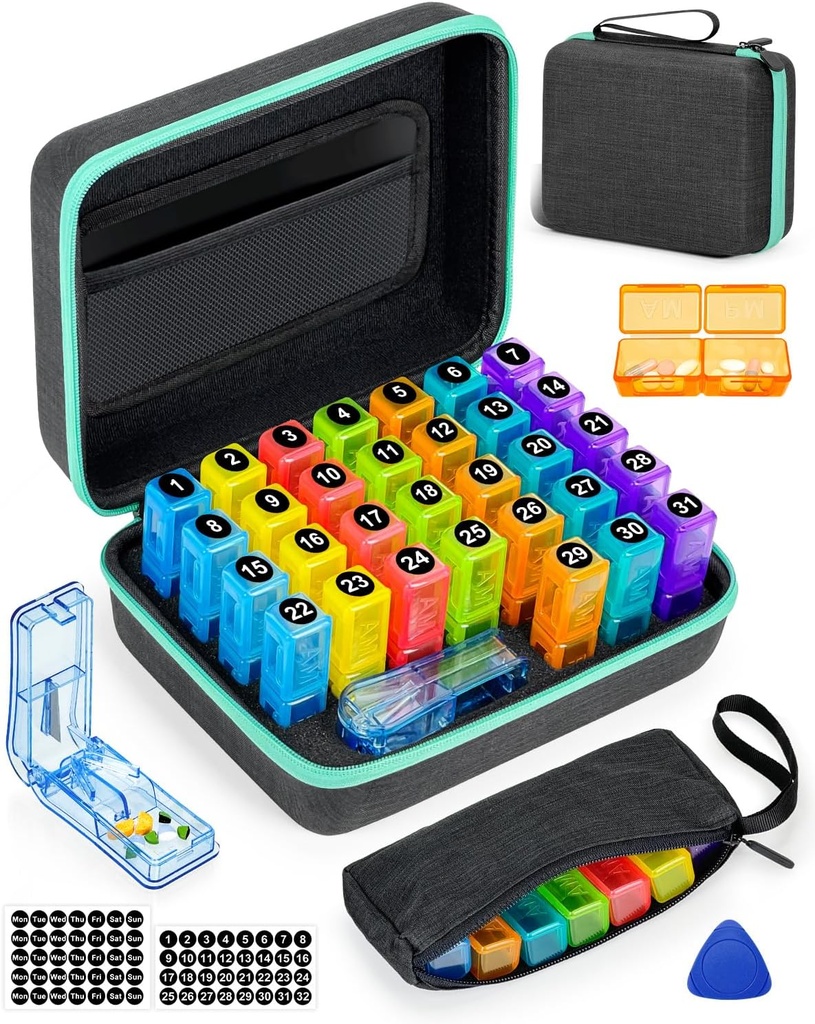 Månedlig Pill Organizer 2 ganger om dagen, med ukentlig pillepose, bærbar hard Shell, Pill Cutter, plast åpning pick, månedlig og ukentlig klistremerker, praktisk medisinering og sporing
