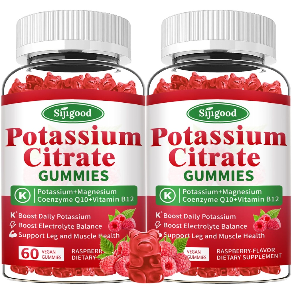 2 Pack Kalium Citrate Gummies - Kalium Supplement for muskel helse, benskjæring Relief & Electrolyte Balance, Vegansk, Ikke-GMO, Glutenfri, Bringebær Flavor, 120 greve