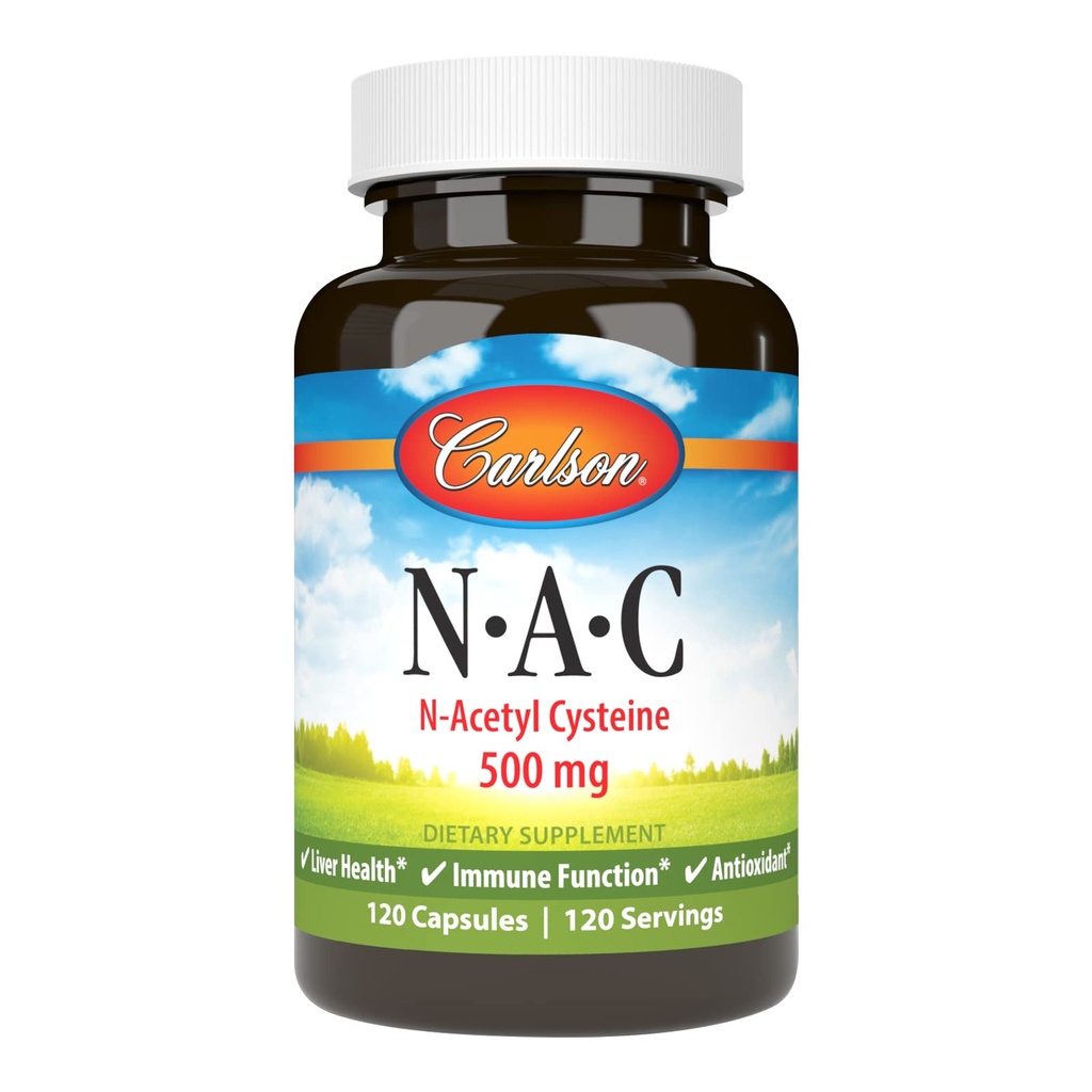 Carlson - NAC, N-Acetyl Cysteine, 500 mg, lever helse, immunfunksjon, antioksidant, 120 vegetariske kapsler