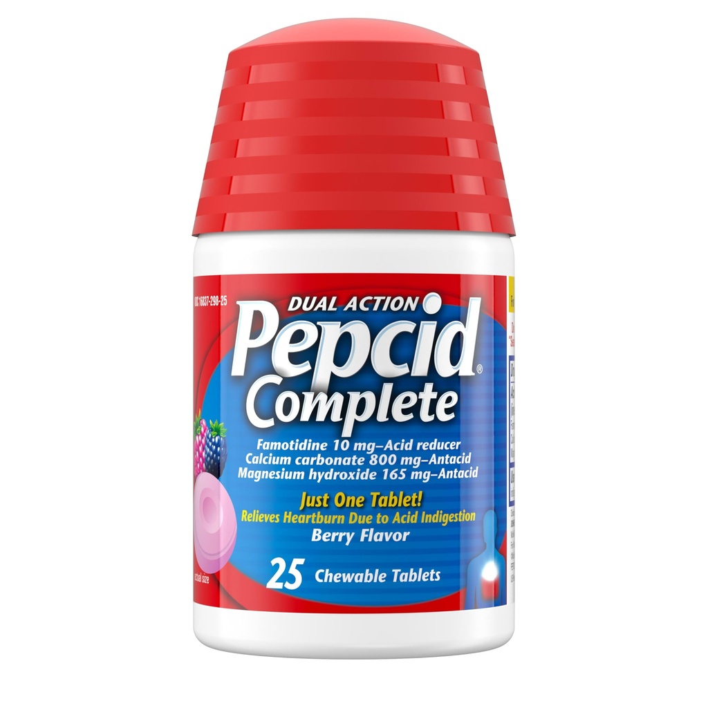 Pepcid Complete Acid Reduser + Antsyre for syre Reflux, 10mg Famotidin, 800mg kalsiumkarbonat & 165mg Magnesiumhydroksid per Heartburn Medisin Tablett, Antsyre Chews, Berry, 25 ct
