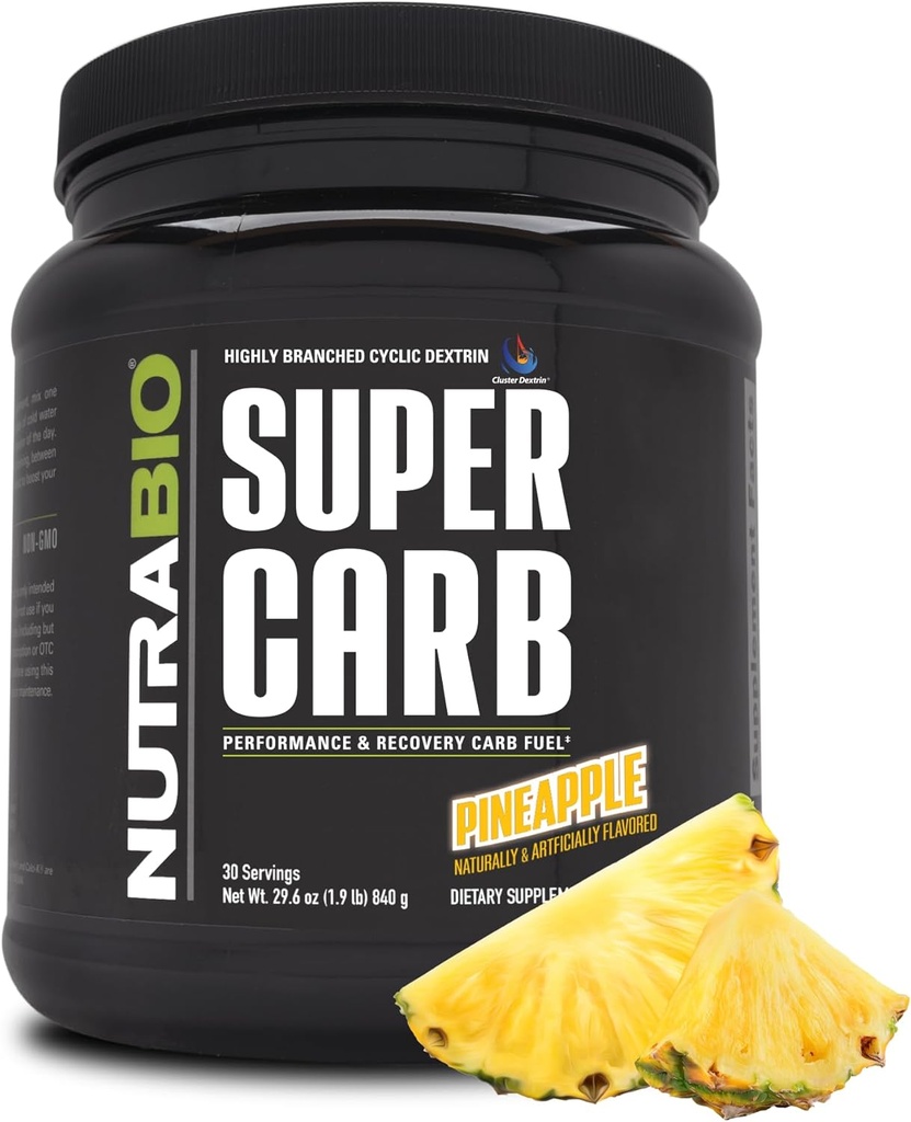 NutraBio Super Carb, karbohydratpulver med Cluster Dextrin & elektrolytter, Avansert karbohydrattilskudd pulver for trening drivstoff, ytelse og muskelgjenvinning, sykkelisk Dextrin, Pineapple, 30 Sv