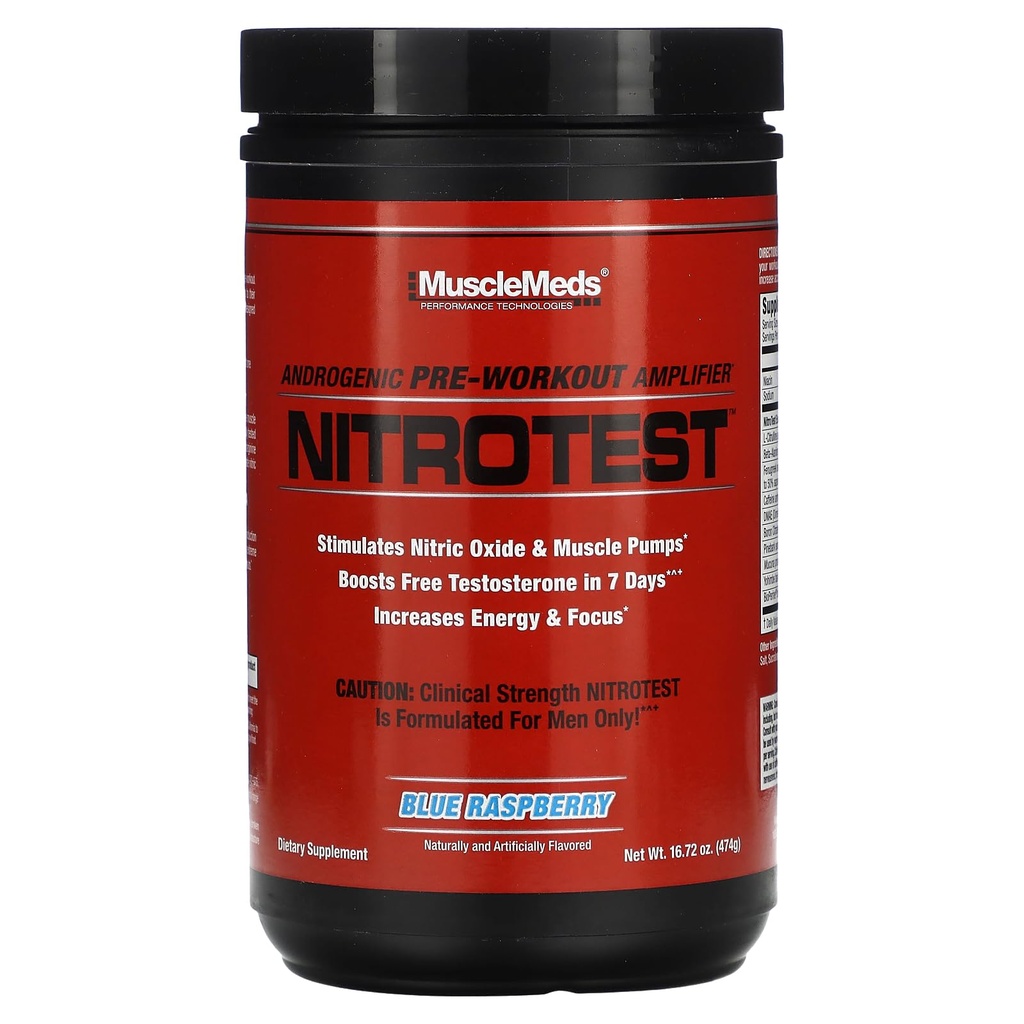 MuscleMeds Nitrotest Pre-Workout Supplerende Drink, Boost Nitric Oxid, Testosteron, Blå bringebær, 30 Servering, 1.04 pund, 1 greve