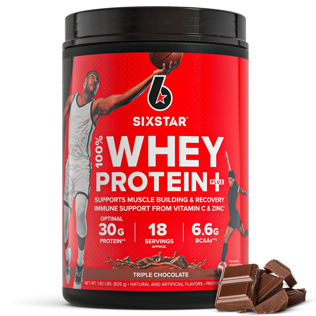 Seksstjerners Whey Protein Powder Plus - Muskelbygging og gjenoppretting Formula med Whey Isolate Powder, BCAA, 30g Protein, Immunstøtte - Post-Workout Supplement - Triple Chokolade, 1,8 lbs