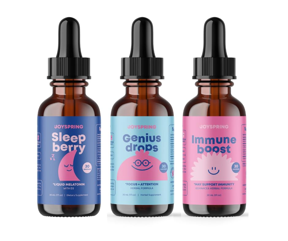 JoySpring Immun Booster for barn med eldrebær, Echinacea, Orange Peel & Grape Root, SleepBerry Melatonin for barn med eldrebær Genius Drops Brain Supplement for barn