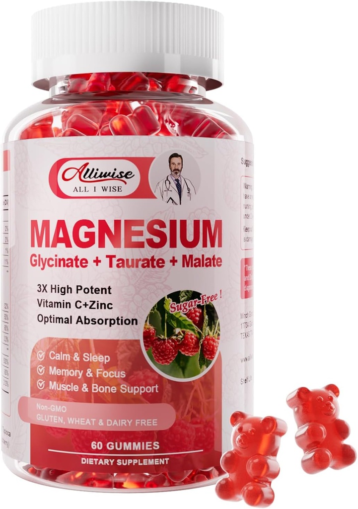 Magnesium Glycinate Gummies, Magnnesium Kalium Supplement med Taurate, Malat, vitaminer D, C, B6, Kalsium, Body Support,Raspberry Magnesium Gummies for voksne og kids