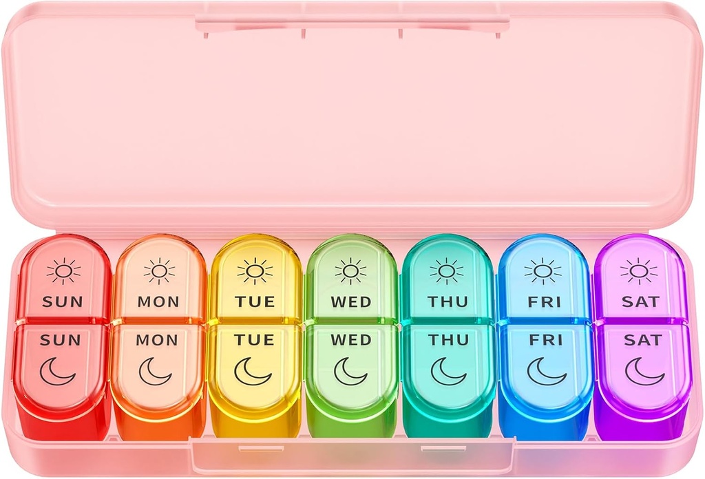 Weekly Pill Organizer 2 ganger om dagen - PM Pill Organizer med 7 daglige fargekodede små tilfeller, morgen og natt reise piller tilfeller for vitaminer, medisin, og kosttilskudd