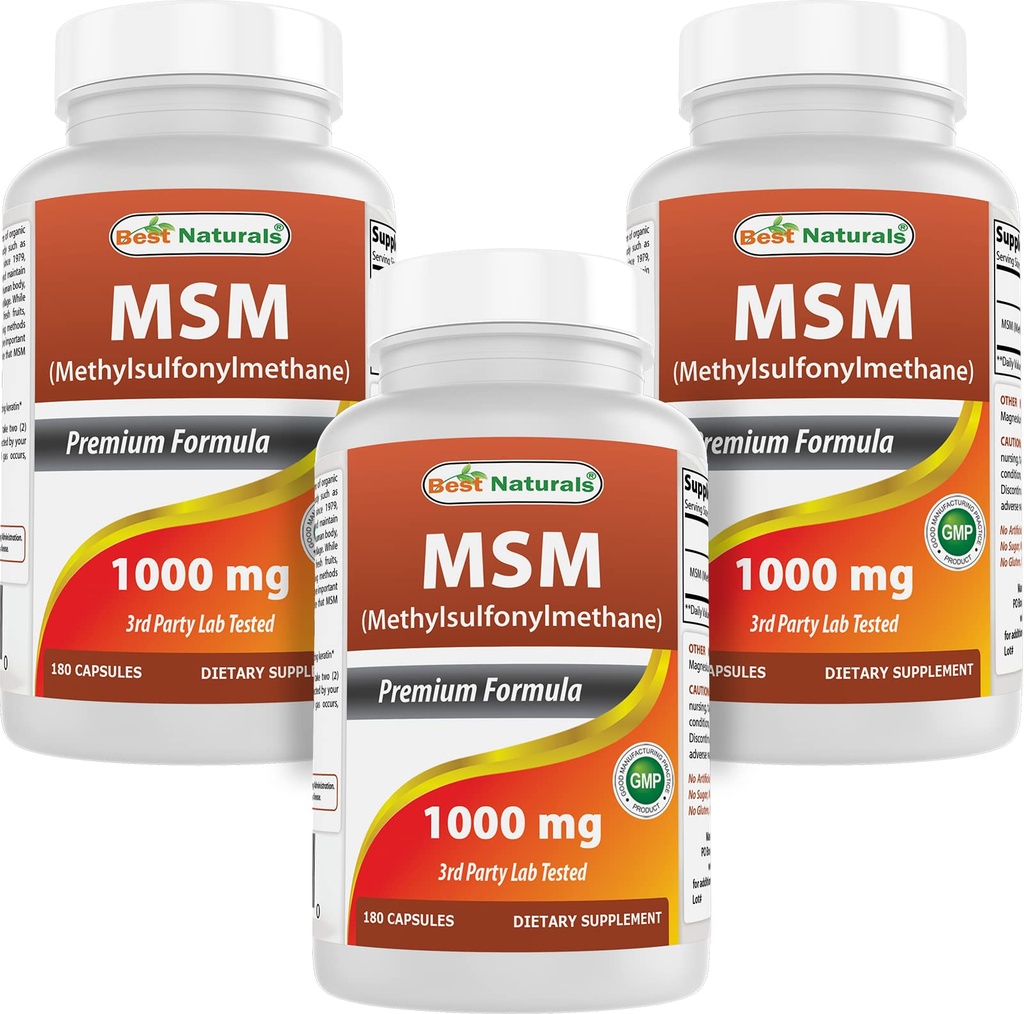 Beste Naturals MSM 1000 mg 180 kapsler (180 greve (pakke på 3))