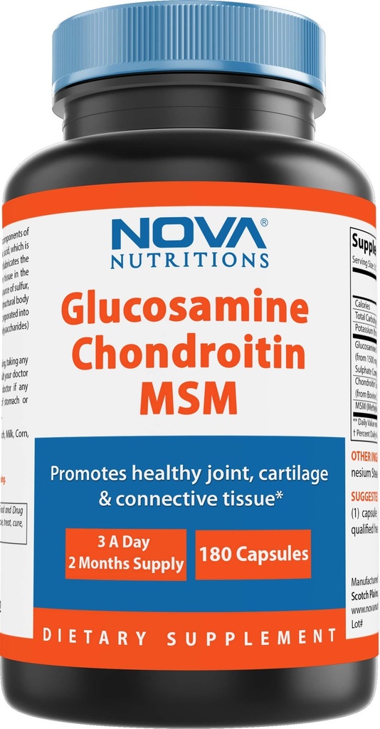 Nova Nutritions Triple Strength Glucosamine Chondroitin MSM 2600mg/Serving Capsules, støtter Sunn Joint, Cartilage og Connective Vessue - fremmer felles komfort og fleksibilitet 180 greve