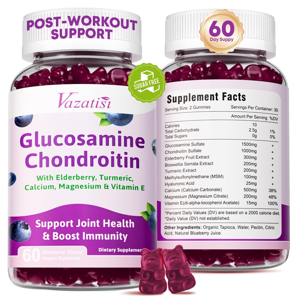 2 Pack Glucosamine Chondroitin Gummies - Glucosamine Chondroitin med MSM, Elderbær, Turmeric, Joint Support Supplement for voksne, menn og kvinner - Blueberry Flavor, 120 Cts