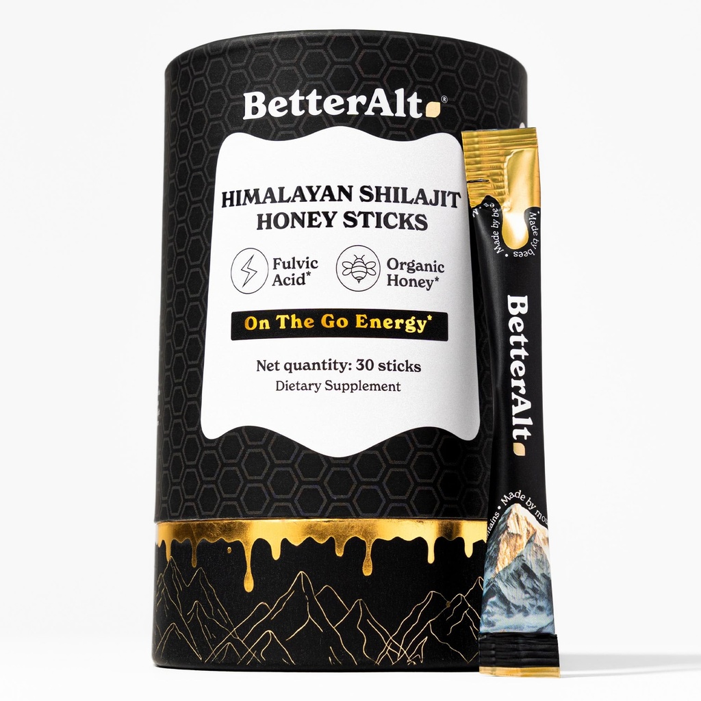 Bedre Alt Pure Himalayan Shilajit Sticks med økologisk honning, Saffron | Lett å konsumere Shilajit | 30 Sticks for energiforsterkning og immunstøtte, 85+ Trace Minerals, 75%+ Fulvic Acid