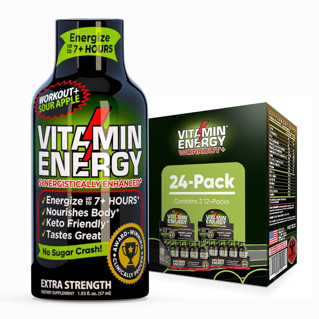 Vitamin energi trening + ekstra styrke energi Shot Sour Apple 24 Pack, 260mg naturlig koffein, pre-arbeid, B-vitaminer, mineraler, utholdenhet og ytelse, null sukker, glutenfri, Vegan, 1,93 fl oz