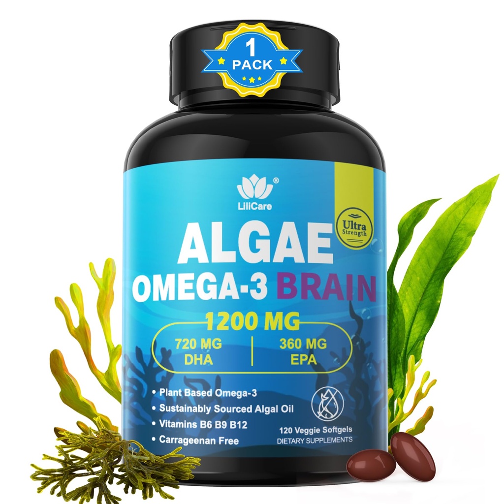 Omega 3 Fish Oil Softgels med DHA 720mg EPA 360mg, Vegan Algae Science 2:1 forholdet for hjerneøye, Plant Basert Sustainablely Sourceed Omega 3 Supplement, Fish Oil alternativ 1200mg, Ingen fisk smak, 120Cts