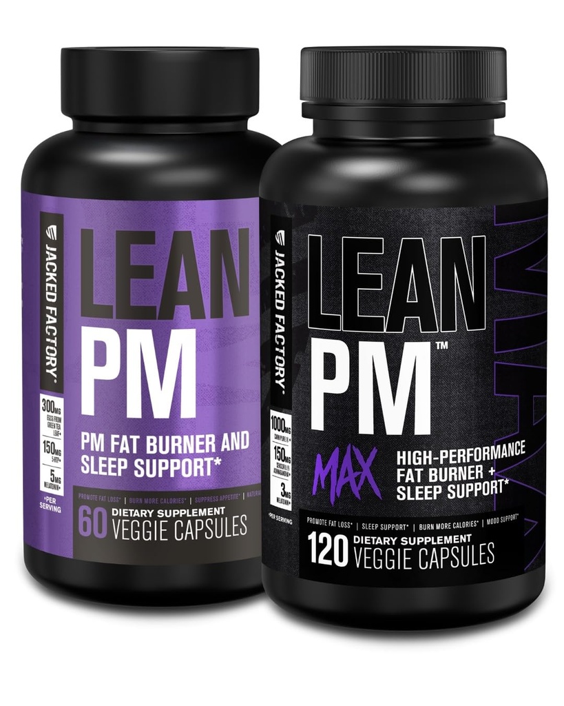 Jacked Factory Lean PM & Lean PM Max natttid fettforbrenner, søvnhjelp kosttilskudd, og aptit Suppressant for menn og kvinner (180 kapsler)