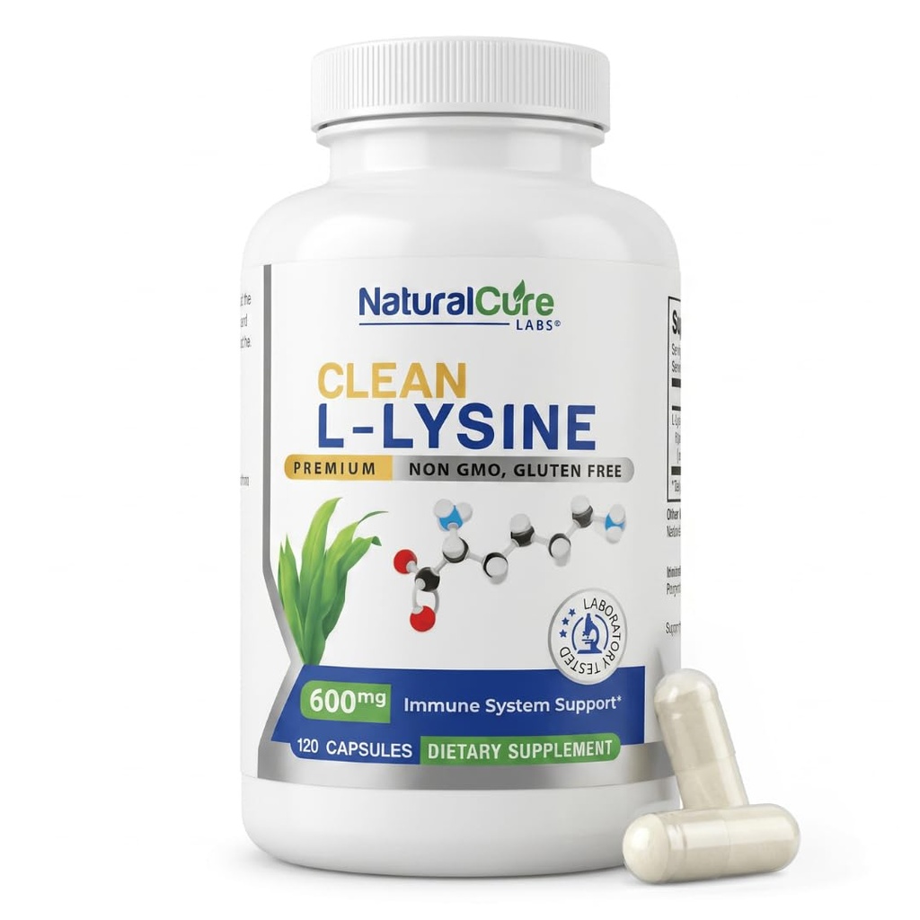 Naturlig Cure Labs Ren L-Lysine 600mg, 120 kapsler | Vegansk, ikke-GMO, & Glutenfri