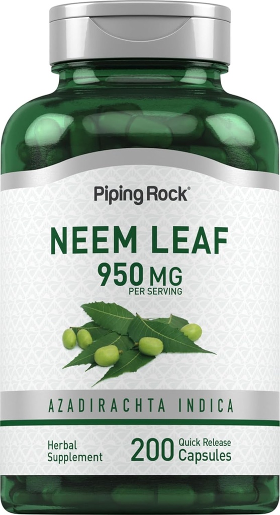 Piping Rock Neem Leaf Capsules | 950mg | 200 pulverpiller | Herb ekstrakt Supplement | Azadirachta Indica | Ikke-GMO, Glutenfri