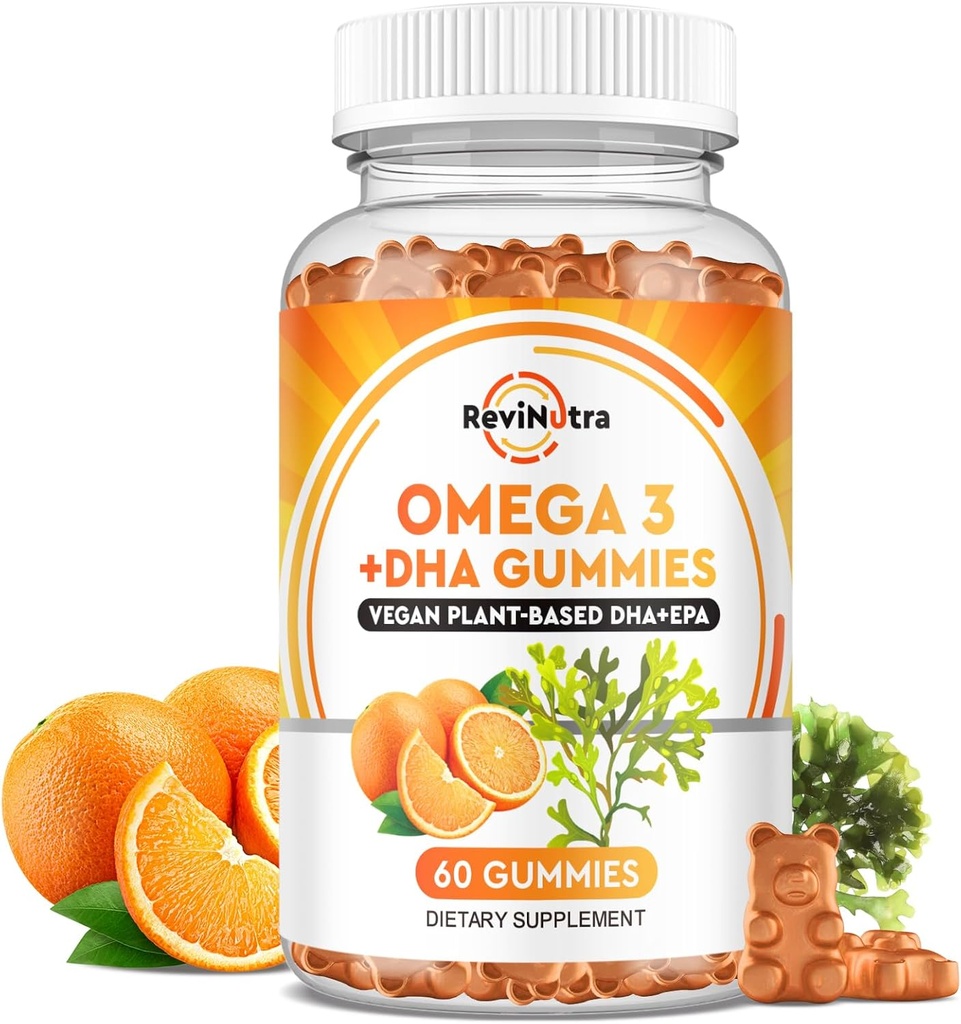 Omega 3 Gummies, Omega 3 Fish Oil Supplement Alternativ med EPA & DHA, CoQ10, Folat, vitamin A, D3, E, støtter hjernen, felles, hjerte, øye og immunsystemfunksjon-Orange Flavor, 60 Gummies