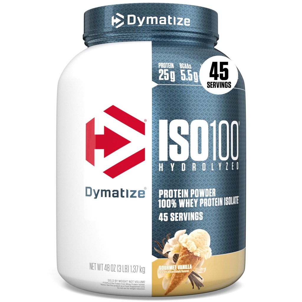 Dymatize ISO100 Whey Protein Powder Isolate, Vanilla, 25 g protein, 3 pund, 5,5 g BCAA, Mindre enn 120 kal., Glutenfri, 1g fett, 1g sukker, 2g karbohydrater (45 serveringer)