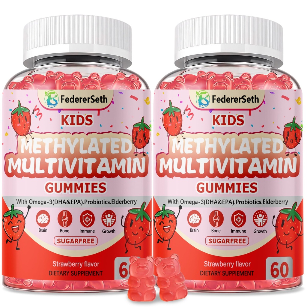 (2 Pack) Methylated Multivitamin Kids Gummies + Omega3, Methylfolate & B12, Calcium, Probiotics, Elderberry, for Kids & Teens, for Growth, Immune, Bone, Brain, Focus, No Sugar - 120 Count