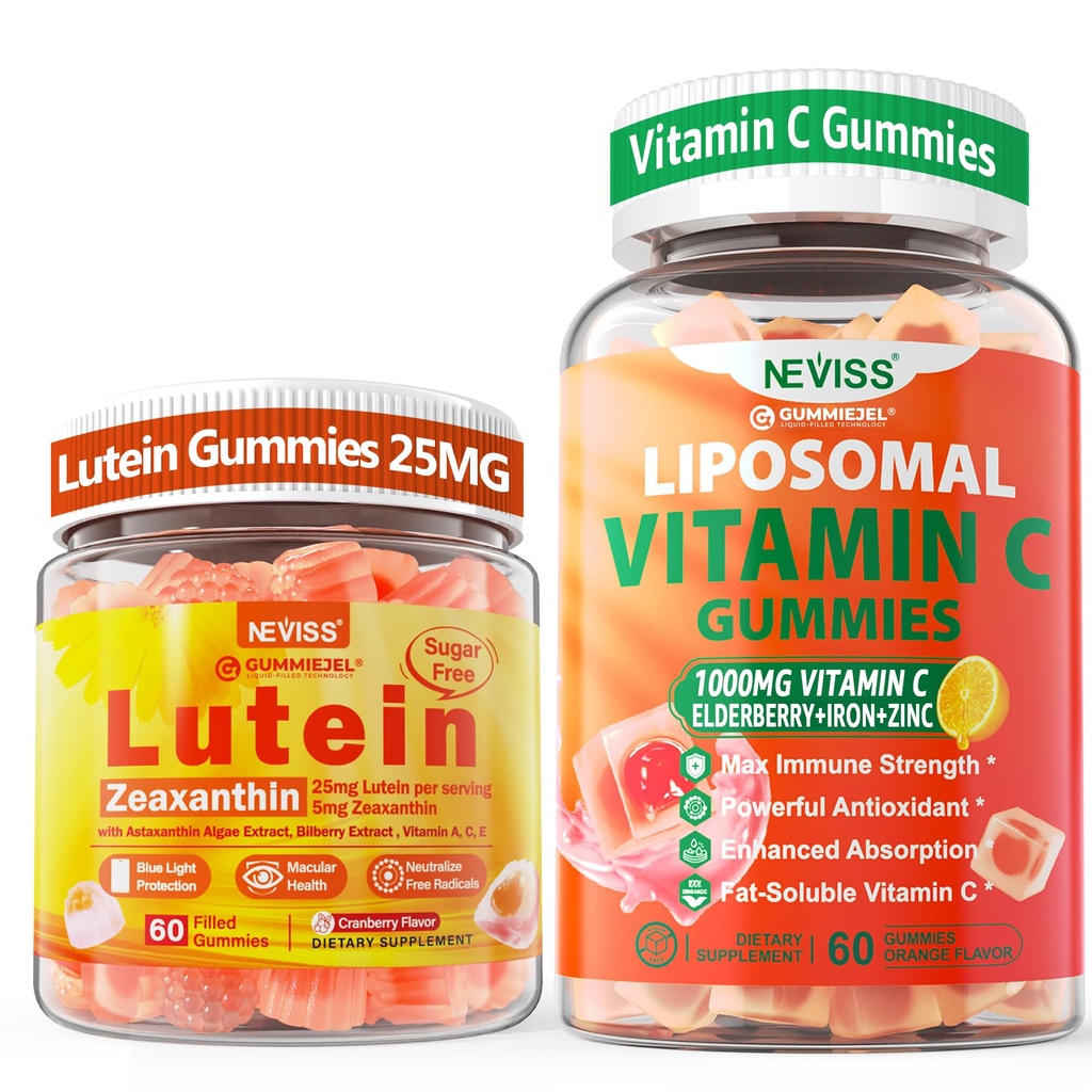 NEVISS 1Pack Liposomal Vitamin C 1000 mg Gummies + 1Pack Lutein Zeaxanthin Kosttilskudd Gummies