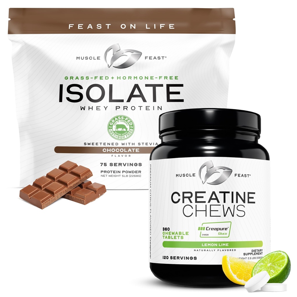 Muskelfest Isolat + Kreatin Candy Bundle: 1 Whey Protein Isolate (Chokolat, 5lb) + 1 Kreatin Candy (Lemon Lime, 360) | Premium kosttilskudd, Vegetarisk, Glutenfri