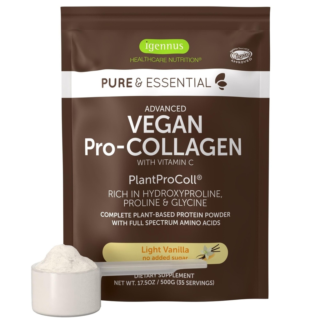 Igenus Advanced Vegan Vanilla Collage Peptide pulver, forbedret med Glycine, Proline & Hydroxyproline & Cofactor Vitamin C, Ikke GMO, Vegetarisk Plante Basert Collage Powder Booster, 35 Serveringer