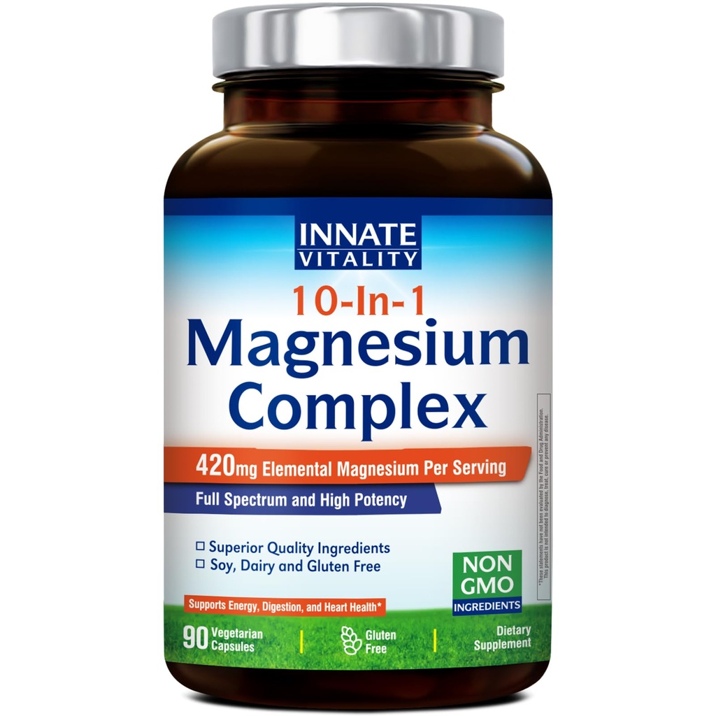 Innfødt vitalitet 10-i-1 Magnesium Complex 960mg, 420mg Elemental Mag per servering, med magnesiumglycinat, citrat, malat, og mer, søvn, digestion, energistøtte, 90 Vegan Caps