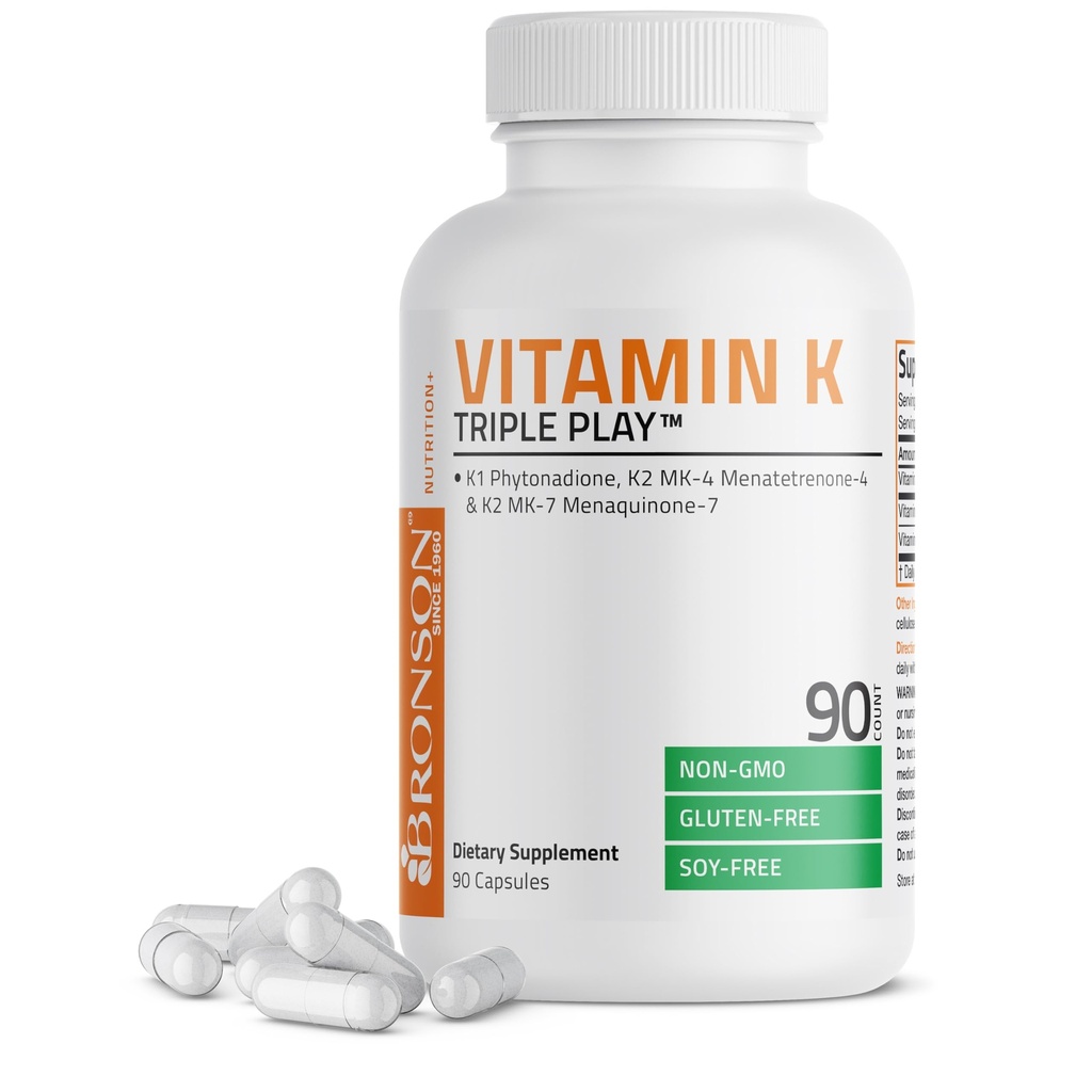 Bronson vitamin K Triple Play (Vitamin K2 MK7 / vitamin K2 MK4 / Vitamin K1) Full Spectrum Complex vitamin K Supplement, 90 Kapsler