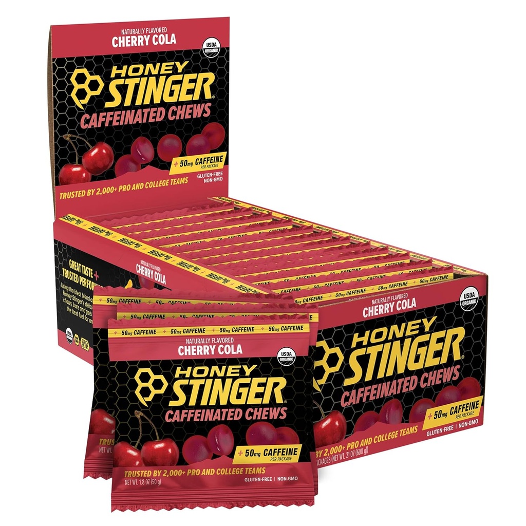 Honning Stinger Cherry Cola Koffeinert Energi Chew, Glutenfri, med koffein, for øvelse, løping og ytelse, Sport Ernæring for hjem og gym, Før og midt trening, 12 Pack, 23.2 Ounce