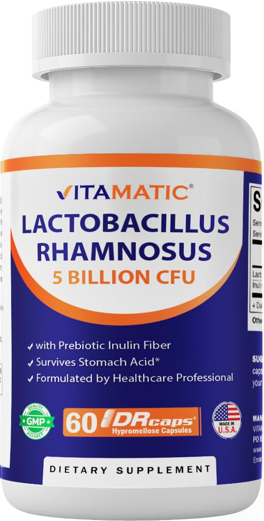 Vitamatic Lactobacillus Rhamnosus 5 milliarder per DR-kapsel (10 milliarder per 2 kapsler) - 60 greve - Avansert Digestiv & Immune Support - laget med Prebiotic Inulin Fiber