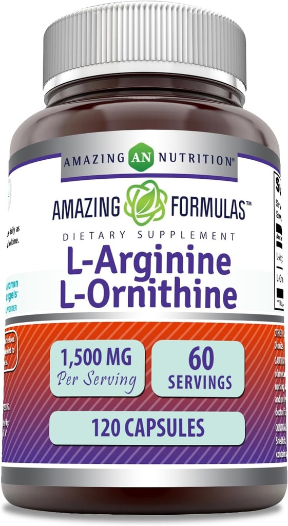 Amazing Formler L-Arginin / L-Ornithine 1500 Mg Per Serving, Kapsler Ikke-GMO | Glutenfri | Aminosyre Supplement (120 greve)