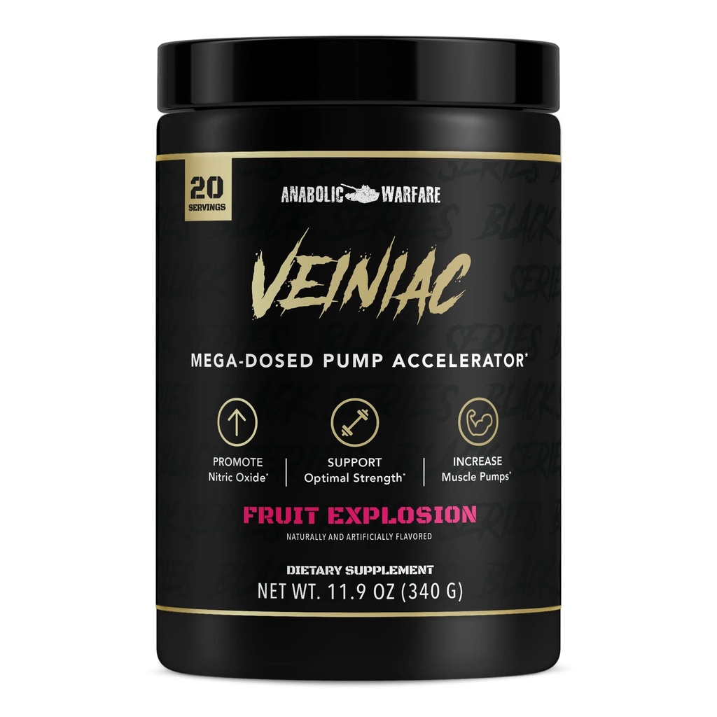 Anabol Warfare Veiniac Muscle Pump Activator Supplement Stimulant gratis pre-arbeid med L-Citrullin, Betaine Anhydrous, & tilsatt AGMASSTM, øker nitrogenoksid*, fruktpunsj 20 serveringer