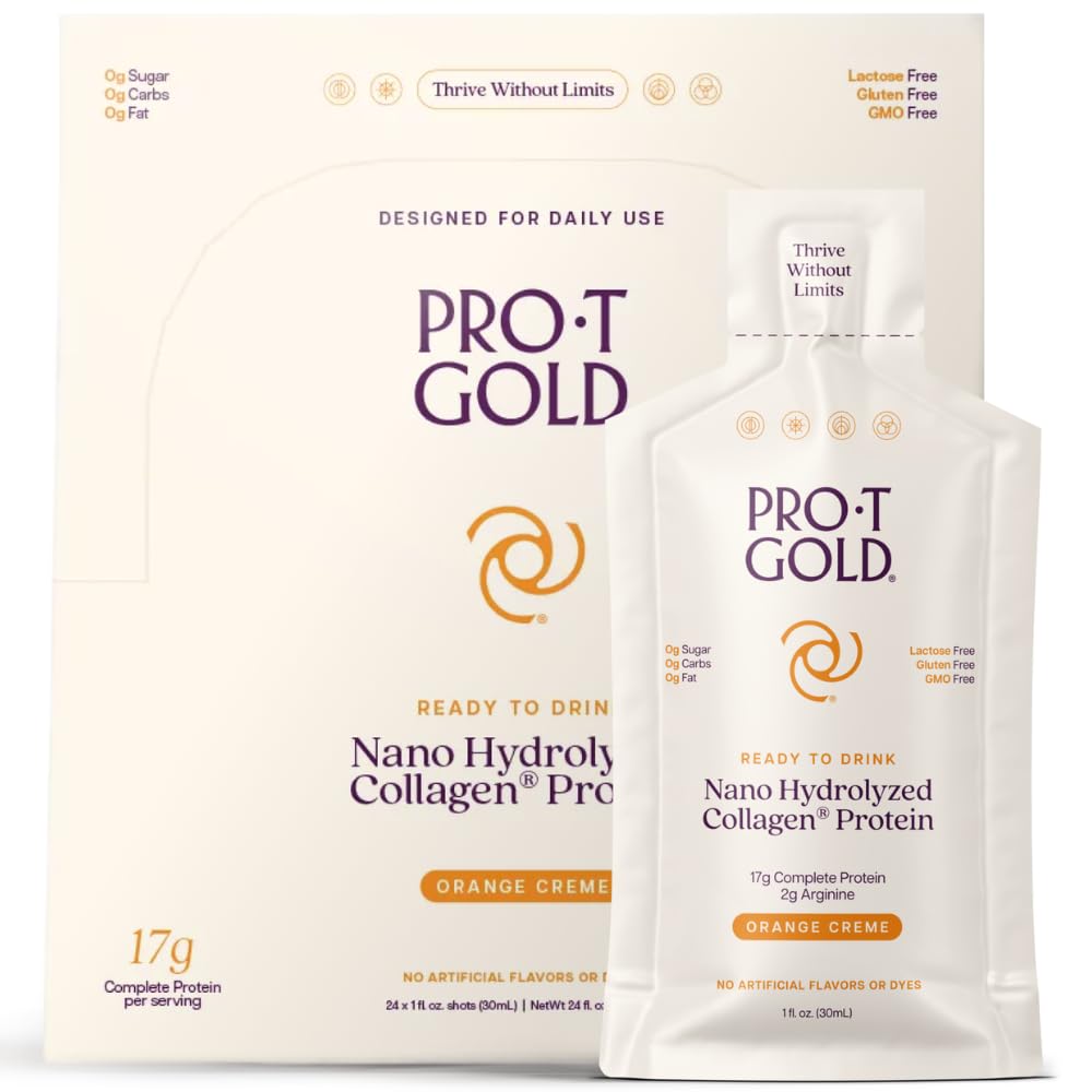 ProT Gull flytende kollagenprotein Shot, 17g Clear Protein Nano-hydrolysert Gras Fed Collage, 2g Arginin for sår støtte, Glutenfri, Sukkerfri, 0g Karbohydrater, Orange Creme, 1 fl oz, 24 Pack